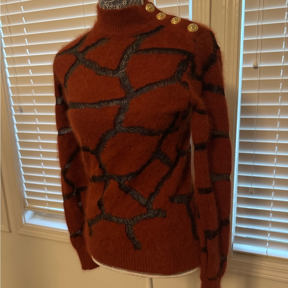 Balmain Rust-burnt orange and Black Patterned Turtleneck Sweater size 38 - Picture 8 of 12